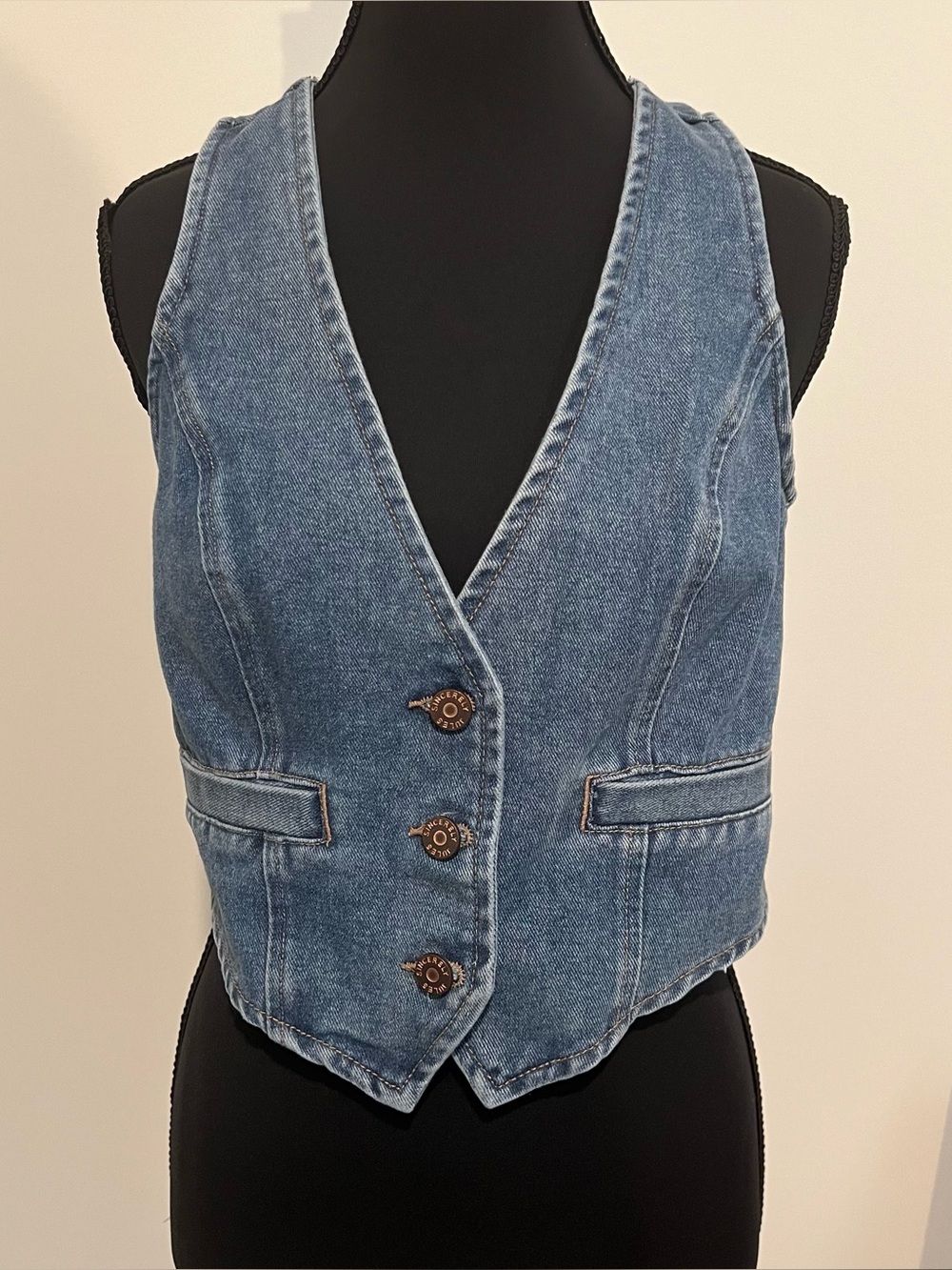 Sincerly Jules Medium Blue Denim Vest with Decorative Buttons